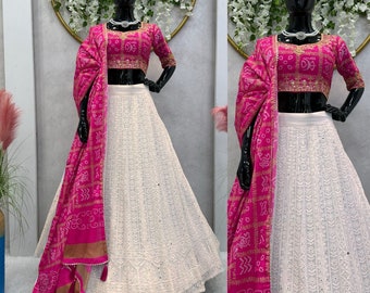 Abbigliamento indiano Georgette bianca Lehenga e camicetta Chinnon e Chinnon Dupatta per le donne, damigella d'onore matrimonio indiano Lehenga Choli, Chaniya Choli