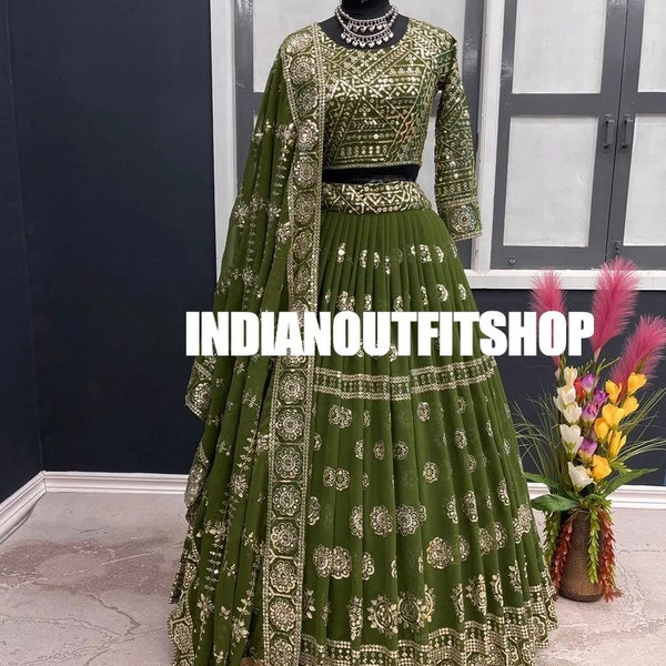 Designer Green Georgette Lehenga Choli With Sequence Embroidery Work And Georgette Dupatta For Women, Reception Lehenga , Bridesmaid Choli