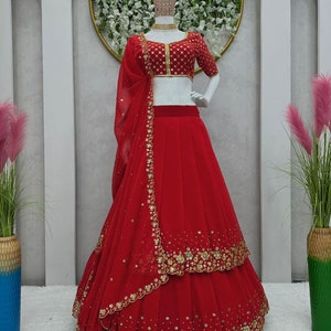 Unique Red Wedding Dress Georgette Red Lehenga Choli With Dupatta, Bridesmaid Dresses & Wedding Lehenga Choli With Readymade Lehenga image 4