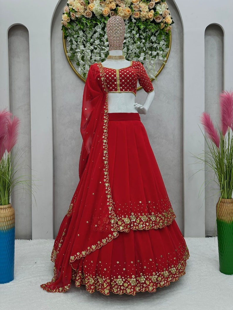 Unique Red Wedding Dress Georgette Red Lehenga Choli With Dupatta, Bridesmaid Dresses & Wedding Lehenga Choli With Readymade Lehenga image 4