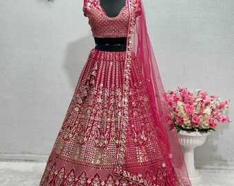 Pink Georgette Lehenga Choli With Embroidery Sequence Work And Soft Net Dupatta For Women , Wedding Lehenga , Party Wear Lehenga Choli