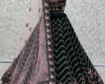 Ropa india verde Georgette Lehenga Choli con trabajo de secuencia de bordado y Dupatta de red suave para mujeres, Lehenga de boda, Lehenga de fiesta