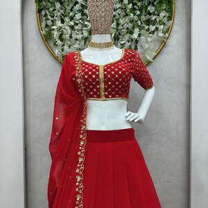 Unique Red Wedding Dress Georgette Red Lehenga Choli With Dupatta, Bridesmaid Dresses & Wedding Lehenga Choli With Readymade Lehenga image 3