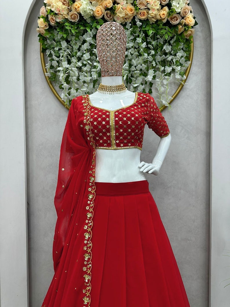 Unique Red Wedding Dress Georgette Red Lehenga Choli With Dupatta, Bridesmaid Dresses & Wedding Lehenga Choli With Readymade Lehenga image 3