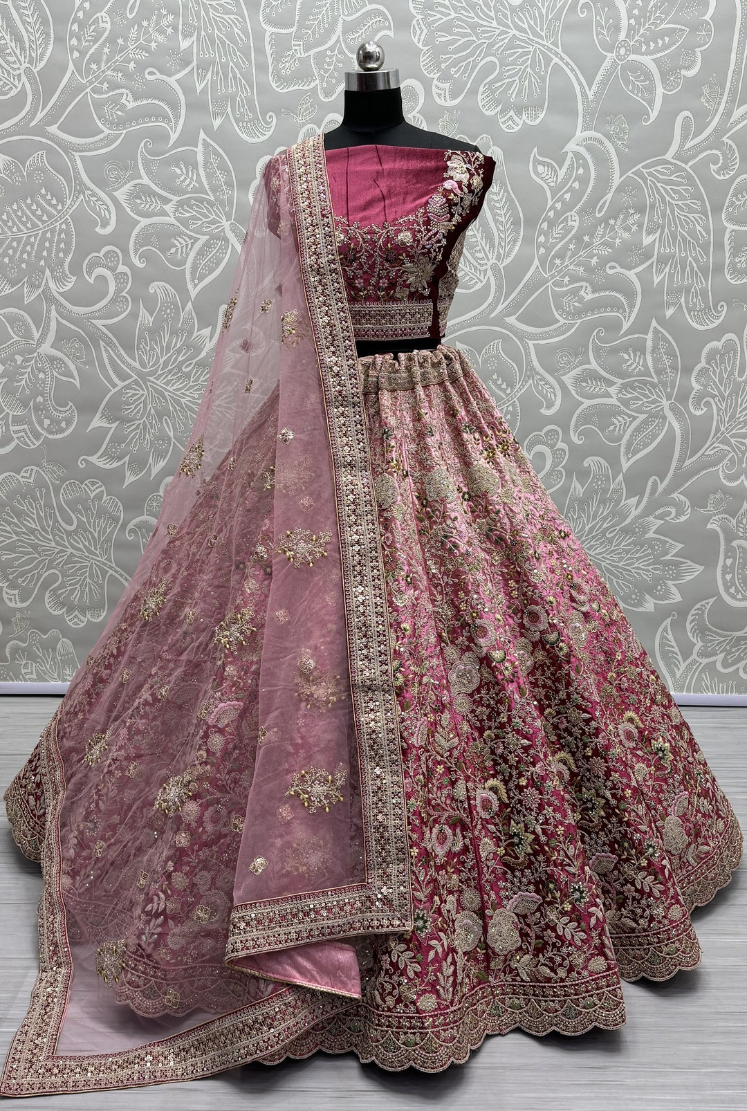Designer Pink Silk Bridal Lehenga with Heavy Embroidery, Zari & Pearl Detailing Dual Dupatta & Blouse Set - Buy