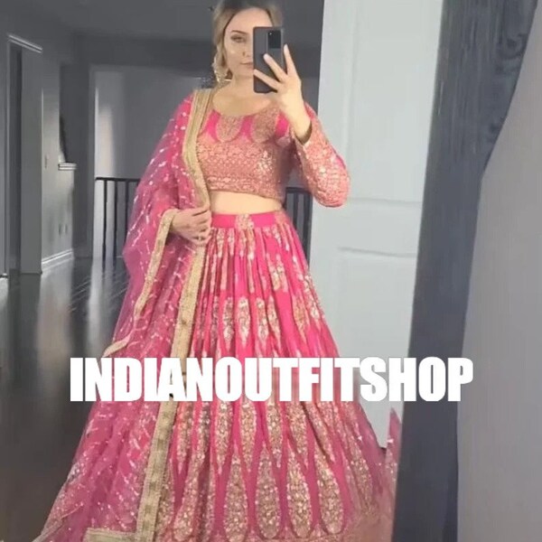 Pink Georgette Lehenga Choli With Embroidery Sequence Work And Soft Net Dupatta For Women , Wedding Lehenga , Bridesmaid Dresses Lehnga