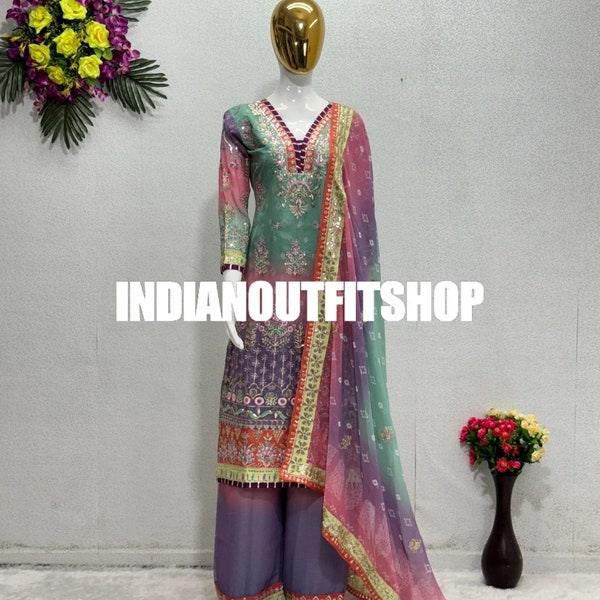 Pakistani Multicolor Partywear Work Straight Kurta Pants & Dupatta set, 3 pc Embroidered Salwar Kameez Readymade Dresses, Wedding Wear