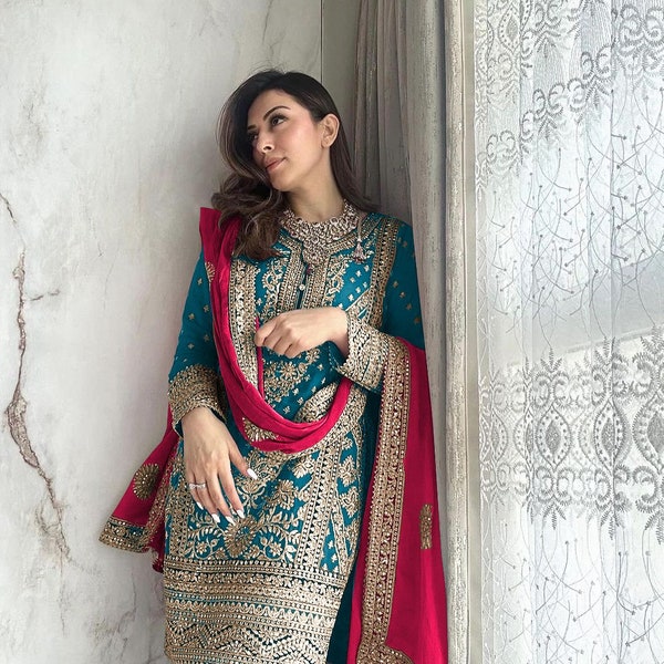 Partywear Blue Kurta Sharara Set with Dupatta, Pakistani Designer Georgette 3 piece Salwar Kameez for Weddings Readymade Dresses
