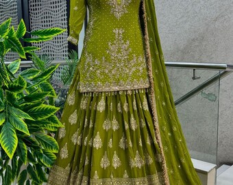 Top verde Lehenga Choli con ricamo e lavoro in sequenza e Dupatta di seta Chinnon per le donne, matrimonio Mehndi Lehenga Choli per le donne ragazze