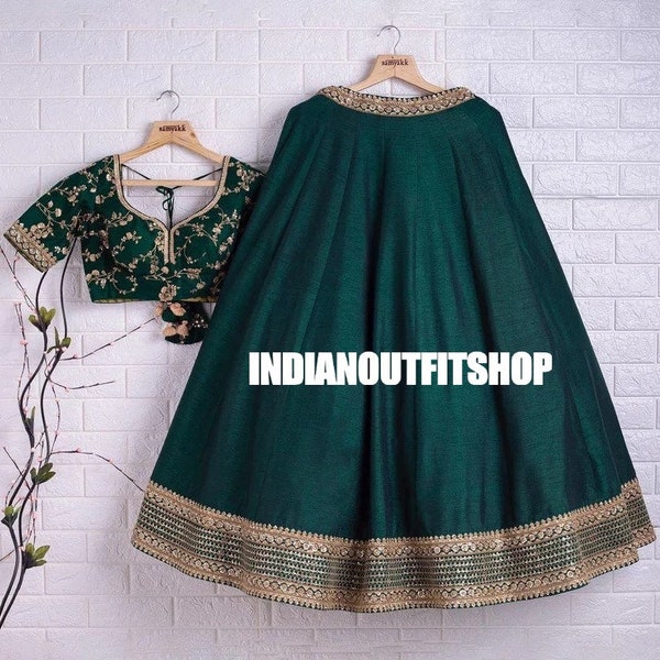 Lehenga Choli en soie fantôme vert foncé, Travail en séquence de broderie, Dupatta en filet doux pour femme, Mehndi Lehenga Choli de demoiselle d'honneur pour femme