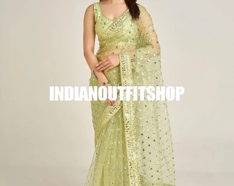 Designer Green Net Saree And Sequence Embroidery Work And Silk Blouse For Women , Party Wear Saree , Indian Saree , Summer Wedding Saree