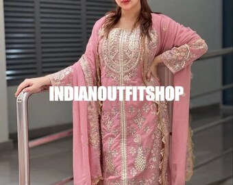 Partywear Pink Kurta Salwar Set with Dupatta, Pakistani Designer Georgette 3 piece Salwar Kameez for Weddings Readymade Dresses