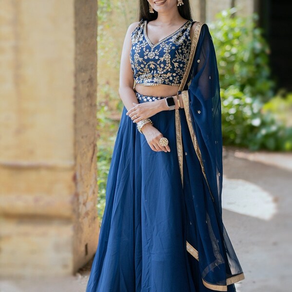 Blue Georgette Lehenga Choli With Embroidery Sequence Work And Georgette Dupatta For Women , Wedding Lehenga , Party Wear Sleeveless Choli