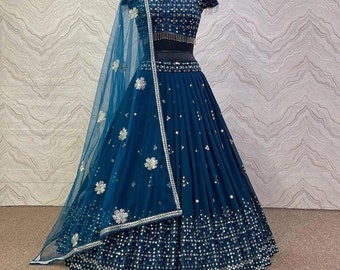 Azul Georgette Lehenga y blusa Georgette y red de mariposas Dupatta para mujeres, dama de honor de boda india Lehenga Choli, Chaniya Choli