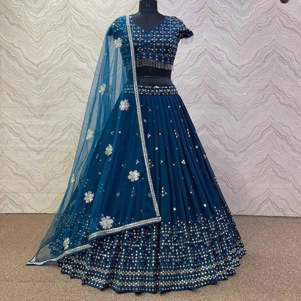 Blue Georgette Lehenga And Georgette Blouse And Butterfly Net Dupatta For Women , Indian Wedding Bridesmaid Lehenga Choli , Chaniya Choli