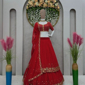 Unique Red Wedding Dress Georgette Red Lehenga Choli With Dupatta, Bridesmaid Dresses & Wedding Lehenga Choli With Readymade Lehenga image 5