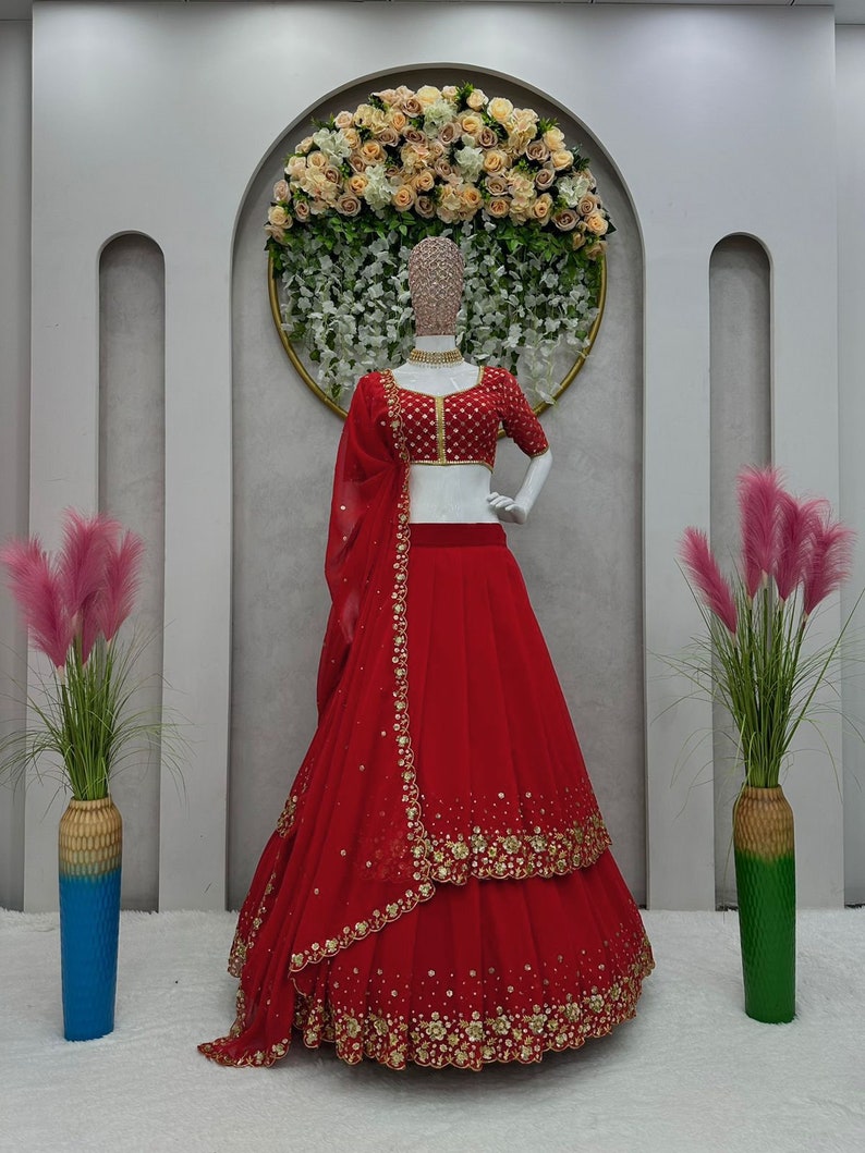 Unique Red Wedding Dress Georgette Red Lehenga Choli With Dupatta, Bridesmaid Dresses & Wedding Lehenga Choli With Readymade Lehenga image 5