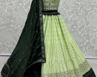 Designer Green Georgette Lehenga Choli con ricamo in sequenza e Dupatta in chiffon per le donne, Reception Lehenga, Choli da damigella d'onore