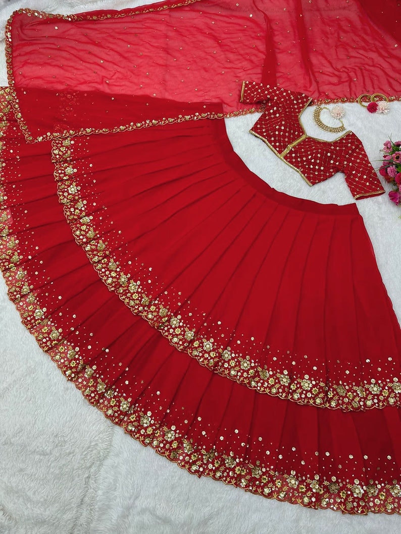 Unique Red Wedding Dress Georgette Red Lehenga Choli With Dupatta, Bridesmaid Dresses & Wedding Lehenga Choli With Readymade Lehenga image 9