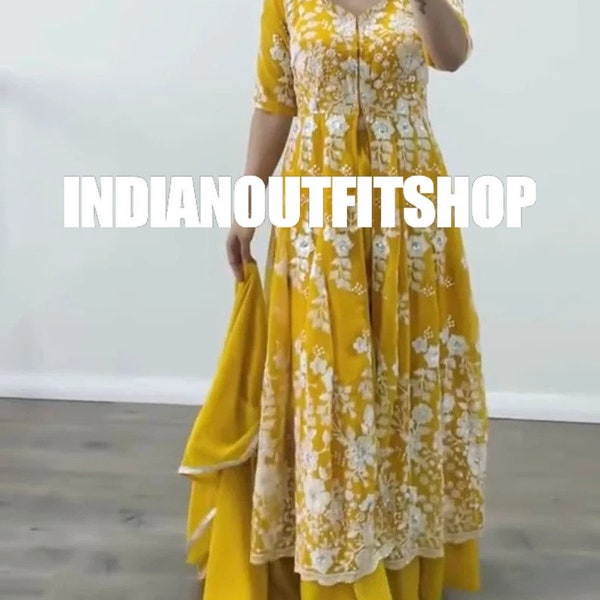 Partywear Yellow Kurta Sharara Set with Dupatta, Pakistani Designer Georgette 3 piece Salwar Kameez for Weddings Readymade Dresses