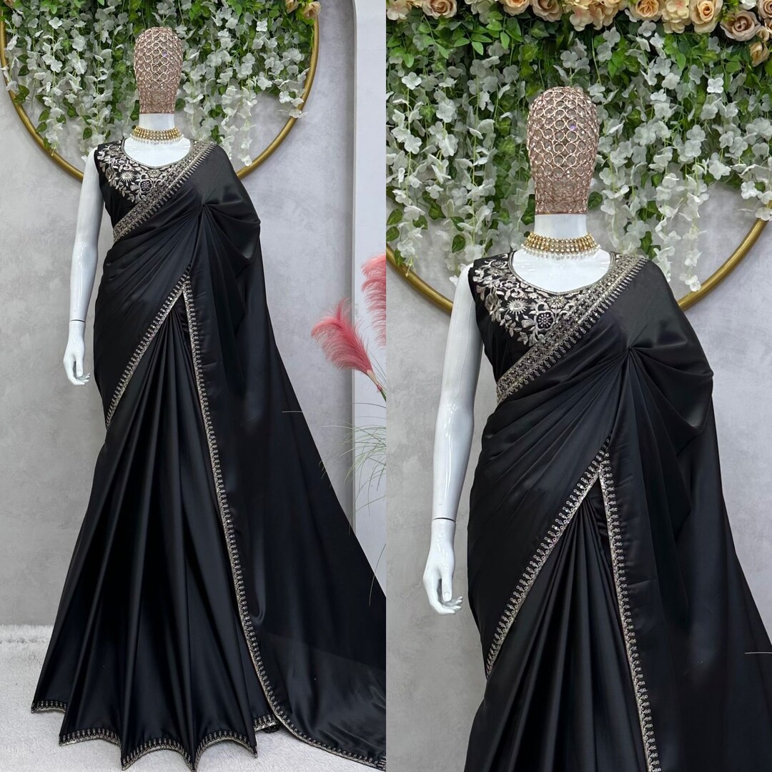 Satin fabric with intricate embroidered work Ready-to-Wear Saree Size 36