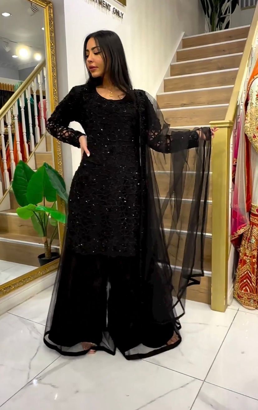 Faux Georgette Embroidery Sharara Suit In Black Colour - SM5550201