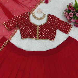 Unique Red Wedding Dress Georgette Red Lehenga Choli With Dupatta, Bridesmaid Dresses & Wedding Lehenga Choli With Readymade Lehenga image 6