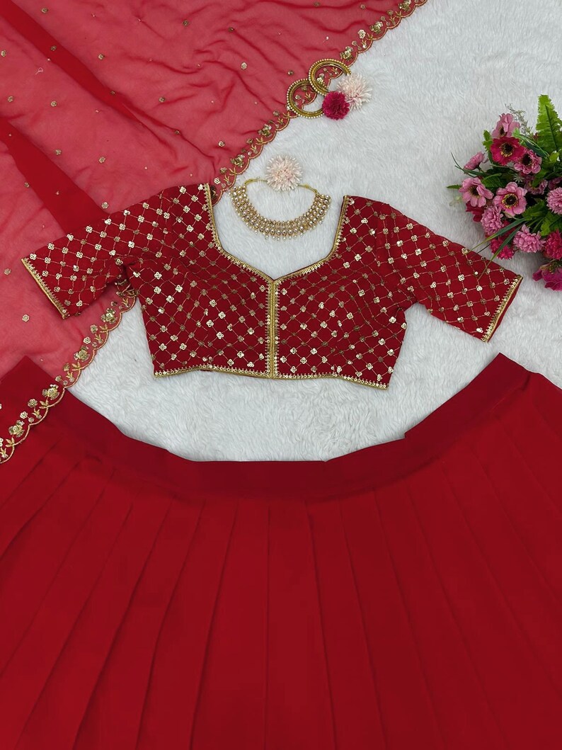 Unique Red Wedding Dress Georgette Red Lehenga Choli With Dupatta, Bridesmaid Dresses & Wedding Lehenga Choli With Readymade Lehenga image 6