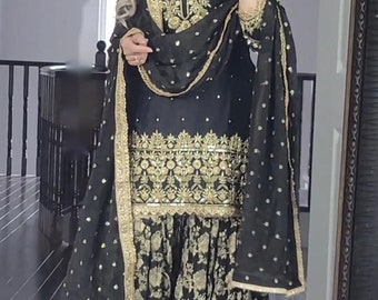 Wedding Wear Black Kurta Sharara Set with Duppatta, Pakistani Designer Georgette 3 piece Salwar Kameez for Weddings Readymade Dresses