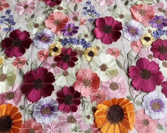 Beautiful Colorful Wildflowers Tulle Fabric Sunflowers Evening Dress Fabric High Quality Floral Material for Wedding Dress Evening Dress Veil