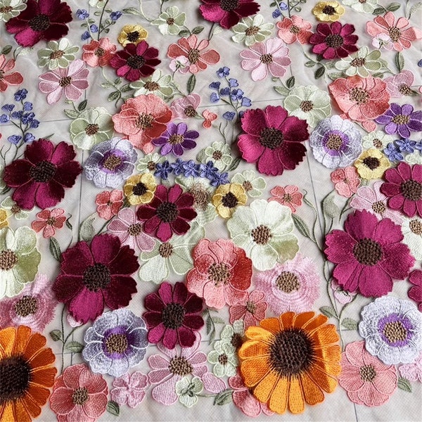 Beautiful Colorful Wildflowers Tulle Fabric Sunflowers Evening Dress Fabric High Quality Floral Material for Wedding Dress Evening Dress Veil