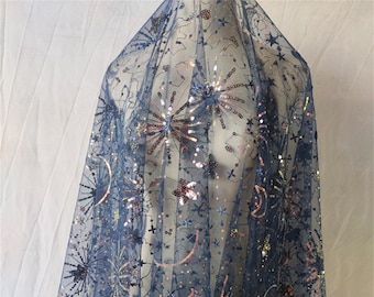 6 Color Evening Dress Fabric with Sequins Star Moon Pattern Tulle Fabric Beautiful Veil Fabric Doll Making