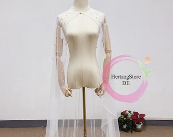 Elegant beaded cape. Tulle wedding bridal cape veil. Custom-made length wedding cape without hood. Bridal cape lawn wedding.