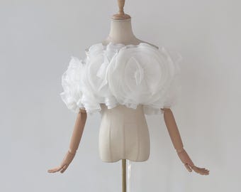 Sciarpa da sposa in organza avorio con fiori, stola da sposa removibile, colore personalizzabile, elegante scialle da sposa per abito da sposa e da sera.