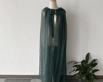 Dark green chiffon long cloak. Halloween hooded cloak for adults. Cosplay long cloak. Wizard green chiffon cloak with hood.