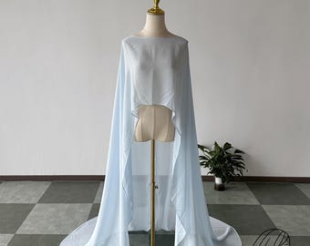 Romantic chiffon bridal cape in light blue (color no. 51), short in front, long in back, 168 colors available, wedding cape for bride
