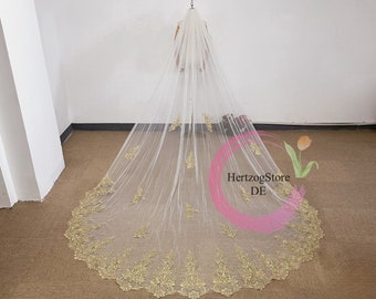 Retro Luxurious Golden Lace Flower Veil. Sequin Flower Vintage Veil. 3 m Wedding Veil. Custom Made Lace Veil.