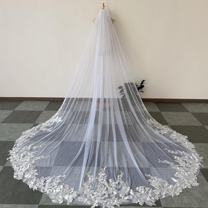 New bridal veil with sequins flowers lace. White tulle veil. Single layer beautiful royal cathedral veil made of lace.