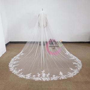 Lace flower veil with pearl sequins. Handmade one layer lace bridal veil. Classic exquisite wedding veil.