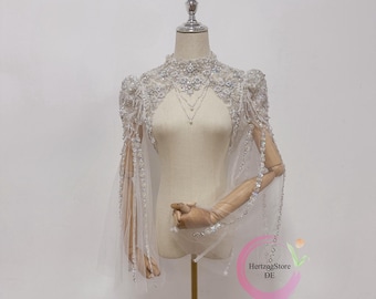 Shiny short coat for bride. Beautiful pearl flowers bridal shawl. Detachable sleeves wedding. Pearl back bell sleeves.