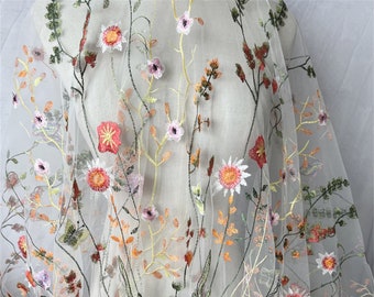 Colorful Embroidery Flowers Fabric Beautiful Fabric for Evening Dress Flowers Plants Fabric for DIY Crafts