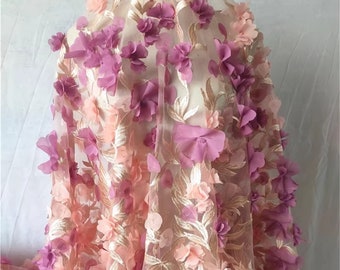 Pink Purple 3D Flower Tulle Fabric Elegant DIY Handmade Fabric for Evening Dress Veil Elegant Multifunctional Fabric Designer Fabric