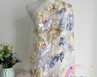 New Embroidery Flowers Fabric Blue Yellow White Flowers Material Beautiful Lace Fabric with Floral Embroidery Soft Fabric for Veil Evening Dress