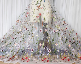 Forest Style Colorful Embroidery Flowers Fabric Wildflowers Transparent Fabric DIY Handcraft Fabric for Evening Dress Wedding Dress Beautiful Veil Fabric