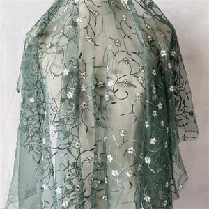 Dark Green Transparent Tulle Fabric Embroidery Rattan and Small Flowers Fabric for Evening Dress Beautifully Handmade Materials