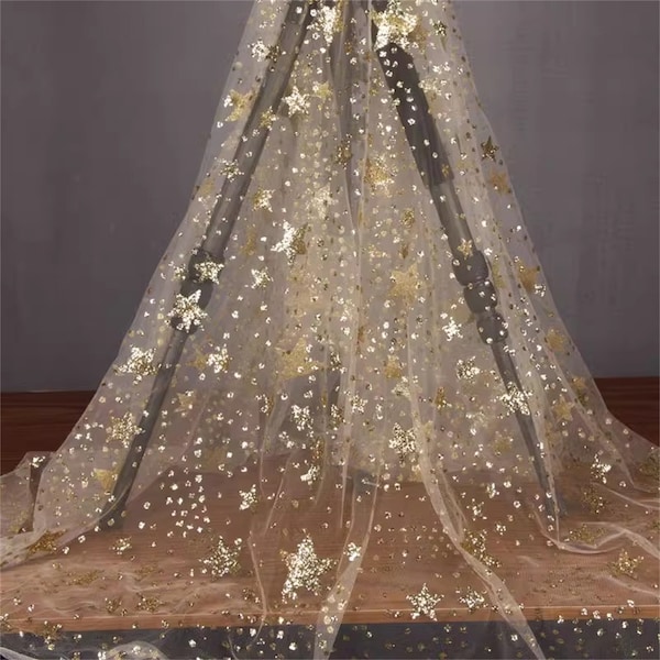 Champagne/White Sequin Stars Tulle Fabric, Wedding Dress Fabric, Elegant Shiny Fabric for Bridal Veils, DIY Handmade Fabric