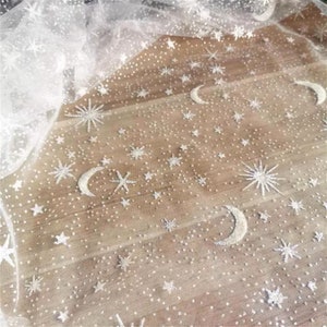 Glitter Stars Moon Soft Tulle Fabric, Wedding Dress Fabric, Elegant Shiny Fabric for Bridal Veil. Fabric for Star Cape