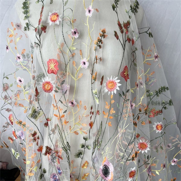 Colorful Embroidery Flowers Fabric Beautiful Fabric for Evening Dress Flowers Plants Fabric for DIY Crafts