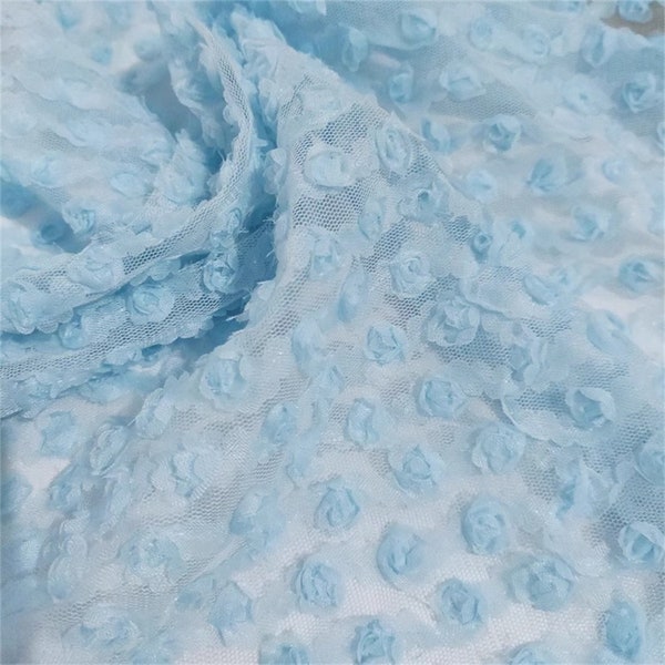 Tissu bleu clair à petites fleurs 3D en tulle transparent pour robe de soirée, tissu multifonctionnel pour nappe, rideau, robe, jupe