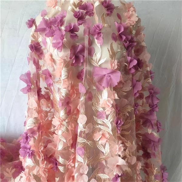 Pink Purple 3D Flower Tulle Fabric Elegant DIY Handmade Fabric for Evening Dress Veil Elegant Multifunctional Fabric Designer Fabric